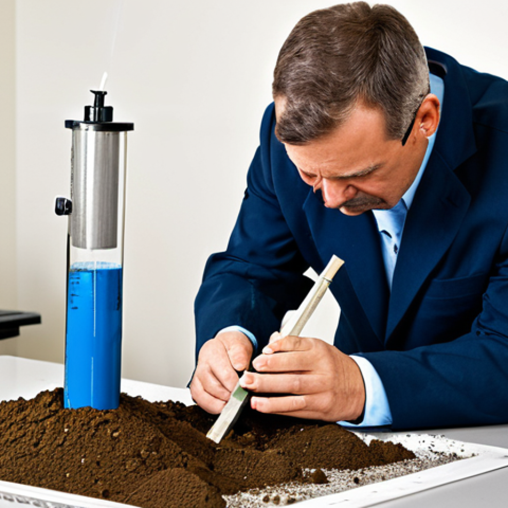 Soil Mechanics - Effective Stress**

"A civil engineer in professional attire, fully clothed, examining a soil sample in a laboratory setting. The image should depict the concept of effective stress with arrows representing total stress, pore water pressure, and effective stress acting on soil particles. Clean and professional diagram included in the background. Safe for work, appropriate content, educational, perfect anatomy, natural proportions, high quality."

**