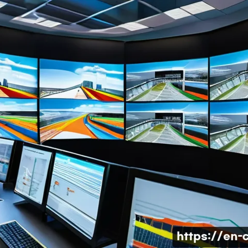 토목공학 실무에서 사용하는 소프트웨어 - A highly detailed digital rendering of a modern civil engineering control room featuring multiple la...