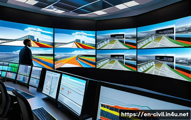 토목공학 실무에서 사용하는 소프트웨어 - A highly detailed digital rendering of a modern civil engineering control room featuring multiple la...