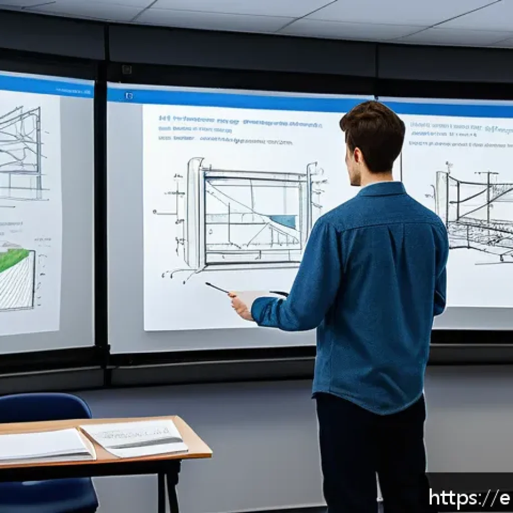 토목기사 시험 주요 과목 정리 - A highly detailed engineering classroom scene showing a large whiteboard filled with structural anal...