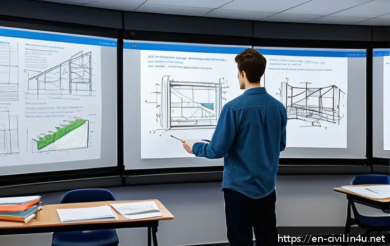 토목기사 시험 주요 과목 정리 - A highly detailed engineering classroom scene showing a large whiteboard filled with structural anal...