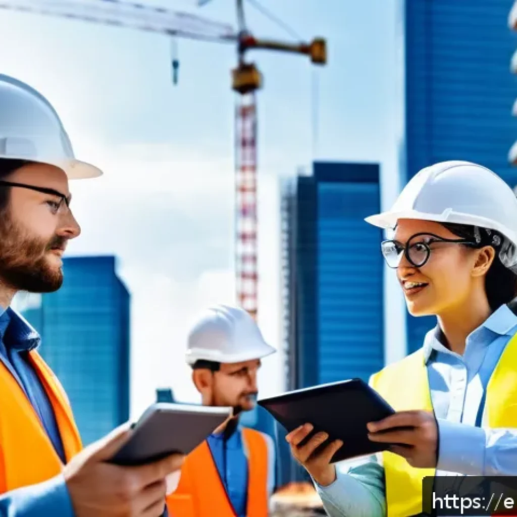 토목공학 직업 만족도 조사 - A diverse team of civil engineers collaborating outdoors at a modern urban construction site, wearin...