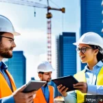 토목공학 직업 만족도 조사 - A diverse team of civil engineers collaborating outdoors at a modern urban construction site, wearin...