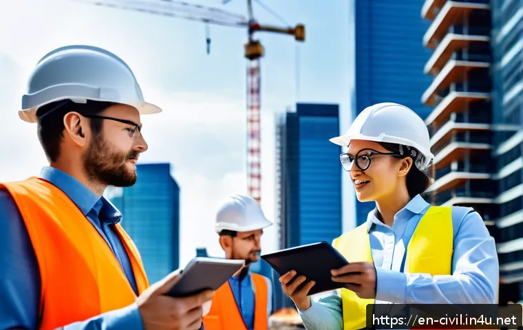 토목공학 직업 만족도 조사 - A diverse team of civil engineers collaborating outdoors at a modern urban construction site, wearin...