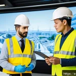 토목공학 시공 단계 문제 해결 사례 - A high-tech civil engineering project site featuring a diverse team of architects, engineers, and co...