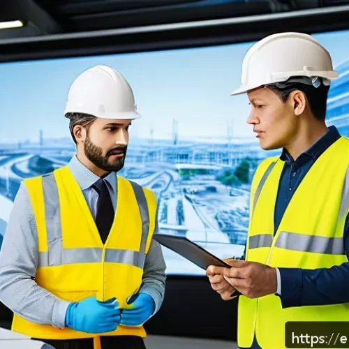 토목공학 시공 단계 문제 해결 사례 - A high-tech civil engineering project site featuring a diverse team of architects, engineers, and co...