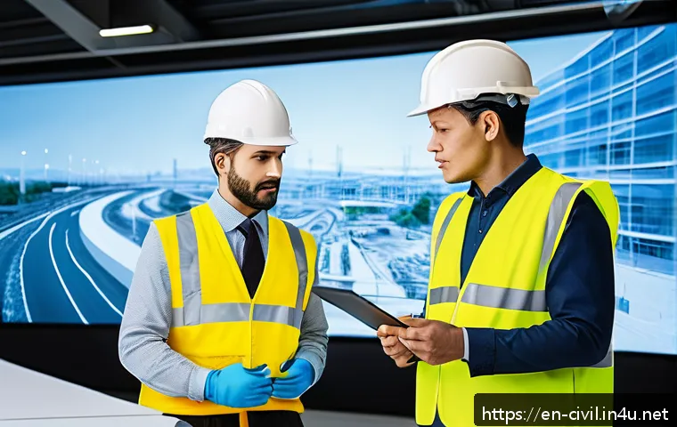 토목공학 시공 단계 문제 해결 사례 - A high-tech civil engineering project site featuring a diverse team of architects, engineers, and co...