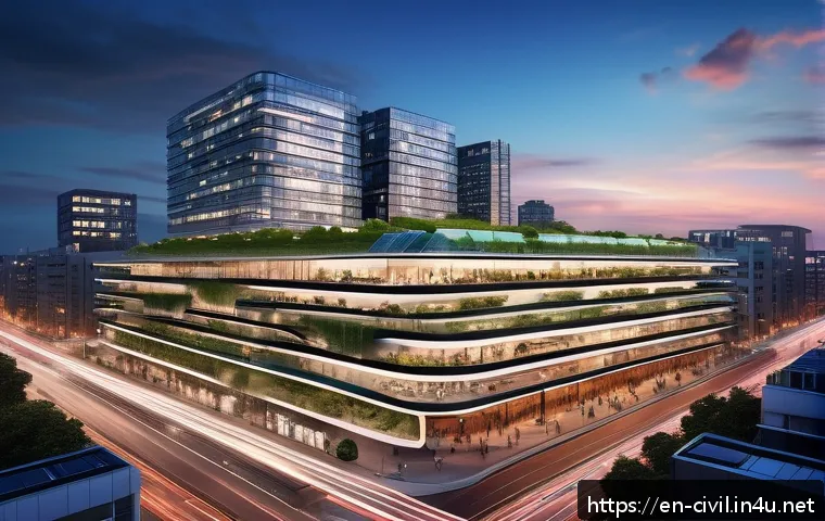 토목공학의 주요 해외 취업국 - A bustling futuristic cityscape showcasing a thriving urban hub at dusk, featuring sleek skyscrapers...