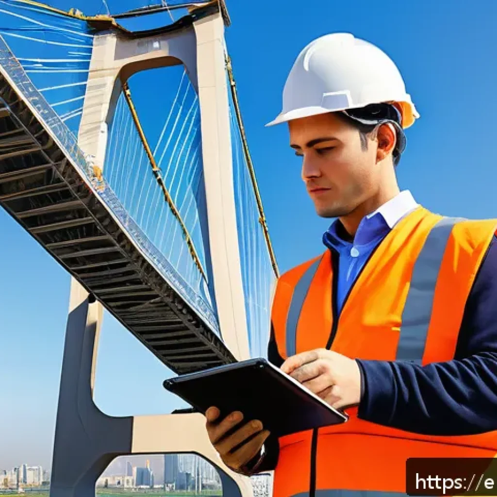 토목기사와 건축기사의 차이점 - A detailed scene of a civil engineer inspecting a large modern suspension bridge during daytime, wea...