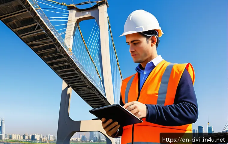 토목기사와 건축기사의 차이점 - A detailed scene of a civil engineer inspecting a large modern suspension bridge during daytime, wea...