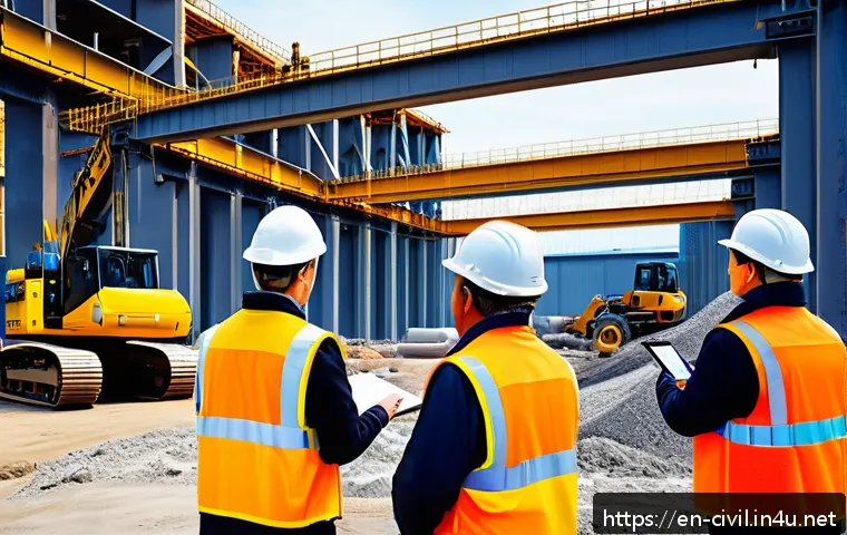 토목공학자의 프로젝트 관리 사례 - A modern civil engineering project site bustling with activity, showing a diverse team of constructi...