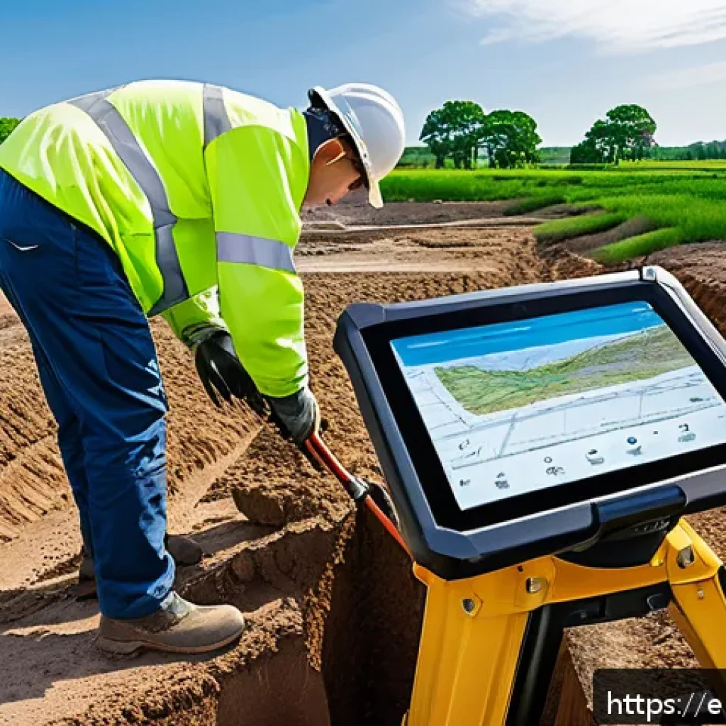 토목공학 설계 단계의 체크리스트 - A detailed civil engineering site analysis scene showing a professional engineer in safety gear exam...
