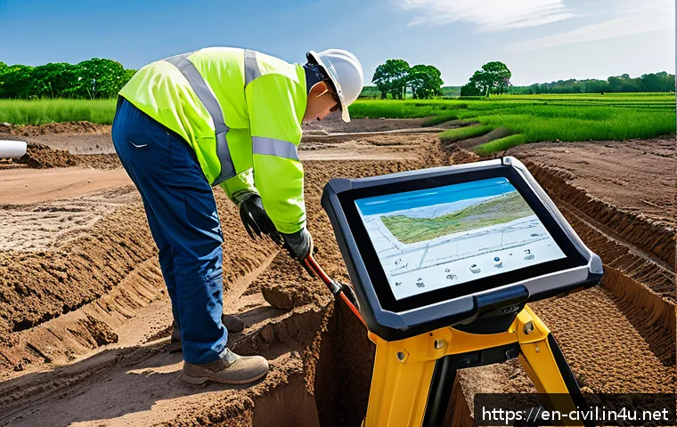 토목공학 설계 단계의 체크리스트 - A detailed civil engineering site analysis scene showing a professional engineer in safety gear exam...