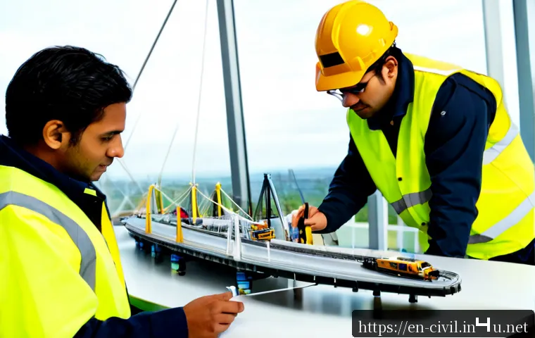 토목공학의 주요 연구 주제 - Photorealistic civil engineering research laboratory, a diverse team of engineers in safety vests st...